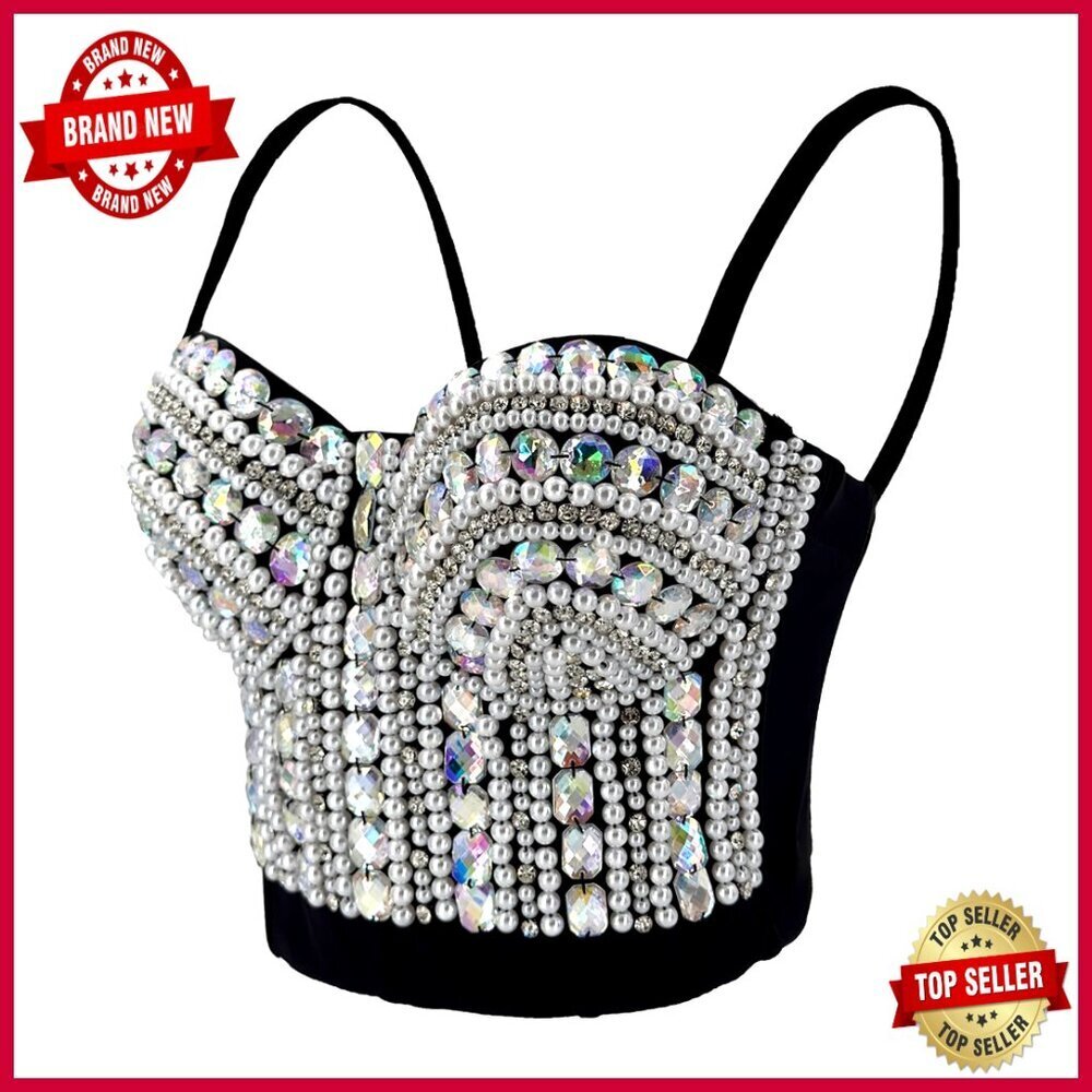 Large Bustier Crop Top with Underwire, Adjustable Straps, Rhinestone Detail